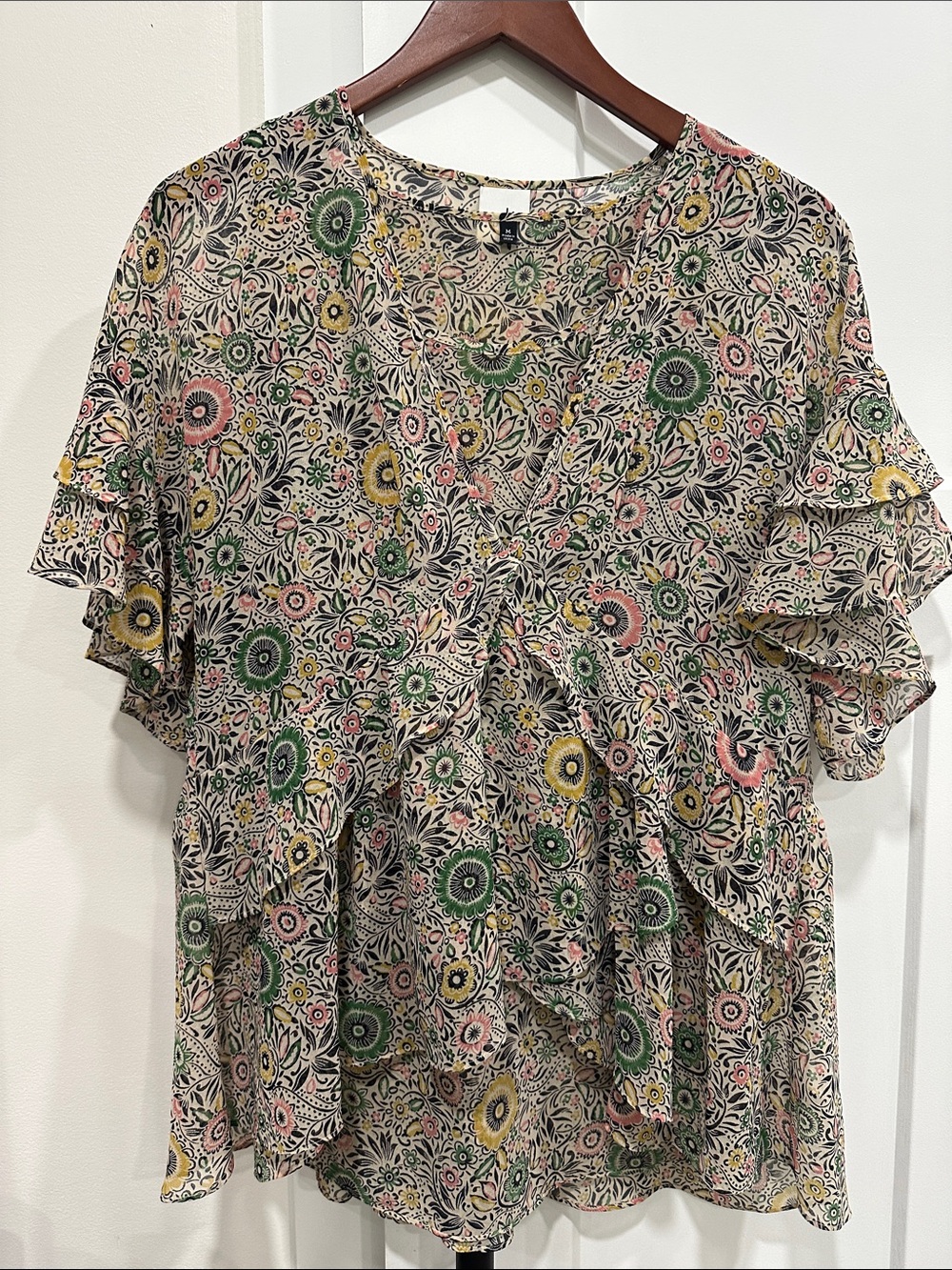 CAbi Floral Peplum Blouse in Cream with Pink & Green Accents
